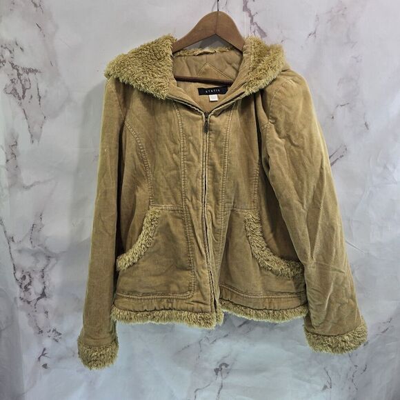Vtg Y2K Jacket Women Large Tan Sherpa Teddy Fuzzy Corduroy Coat Mob Mudd 90s - Picture 1 of 14